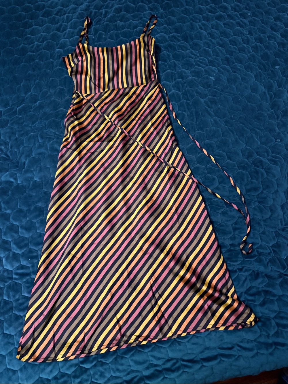 Honey Punch Black Satin Slip Midi Dress Pink Yellow Stripes Side Zipper